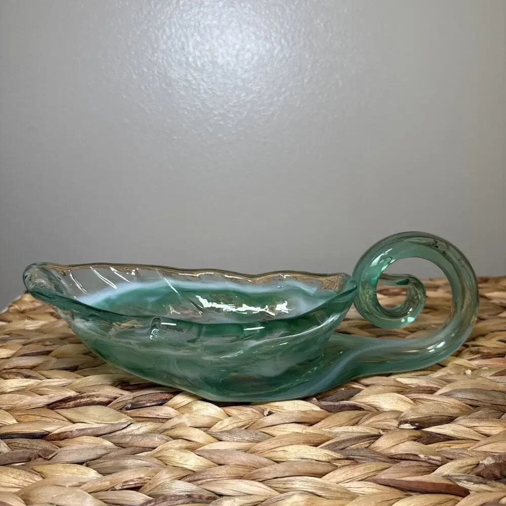 Vintage Aqua Art Glass Console Bowl Freeform Dish Vase Scroll Handle MCM 9.6”
